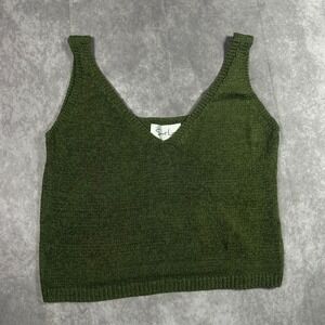 Sweet Lemon Olive Green Knit Tank Top Womens S V-Neck Sleeveless Ribbed Cami Tee